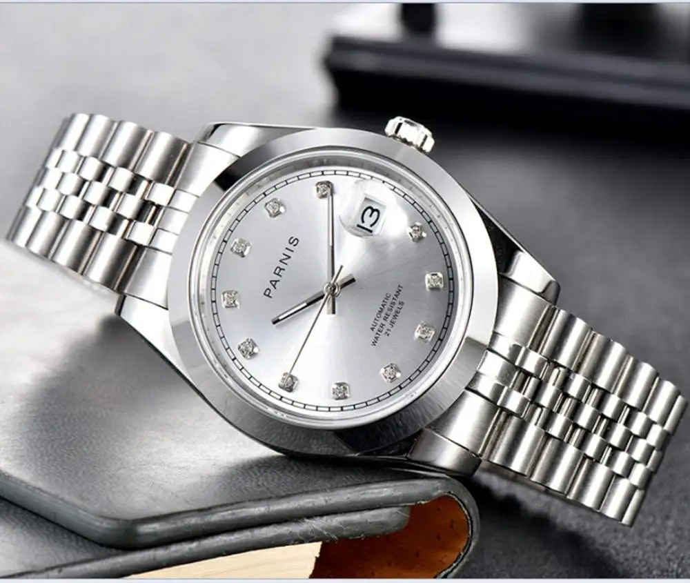 PARNIS 40mm silver dial 21 jewels Automatic Self-Wind mechanical movement men's watch sapphire glass Mechanical watches GR115 | Наручные