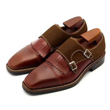 

Genuine Handmade Men Luxury Leather Dress Spliced Tassels British Business Man Formal Footwear Buckle Slip On Office Shoes