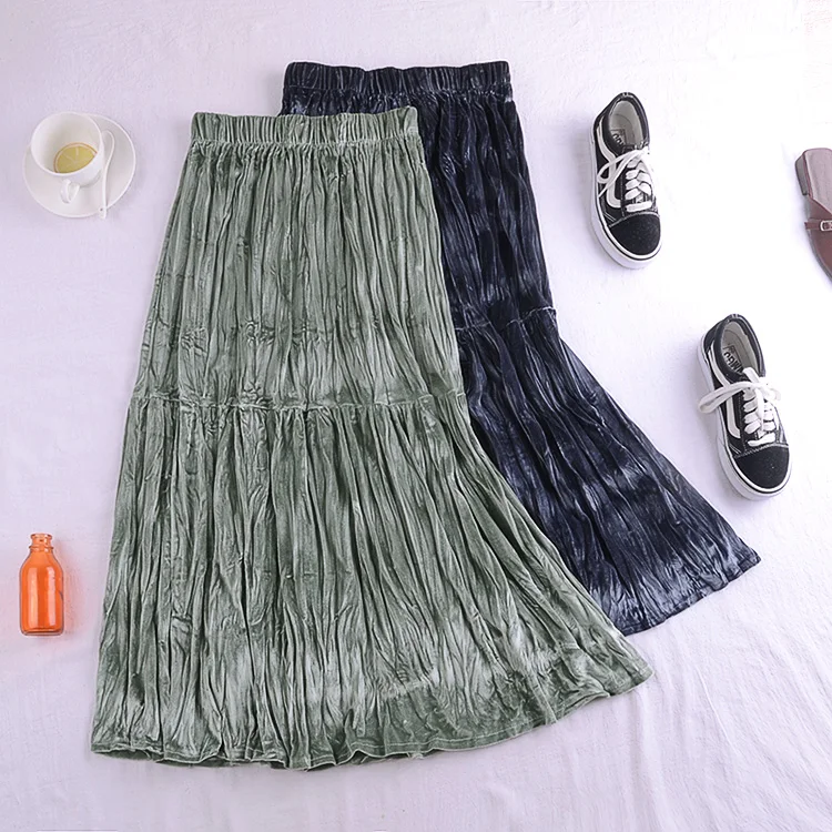 Зеленый, черный, темно-синий, бежевый, белый гибкий стрейч высокой талией Миди линия плиссированная бархатная юбка для женщин винтажные женские юбки