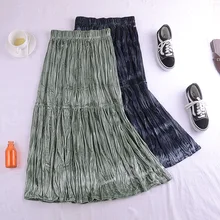 Зеленый, черный, темно-синий, бежевый, белый гибкий стрейч высокой талией Миди линия плиссированная бархатная юбка для женщин винтажные женские юбки