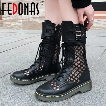 

FEDONAS Fashion Boots Women Autumn Winter Genuine Leather Party Basic Shoes Woman Cool Round Toe Cross-Tied Side Zipper Boots