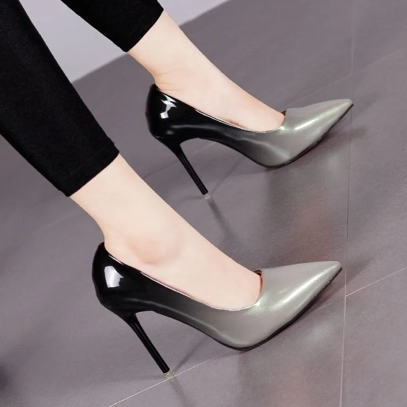 Zapatos de tacón alto de 10CM con punta estrecha para mujer, calzado de oficina con suela de goma y colores combinados, color degradado, 2019