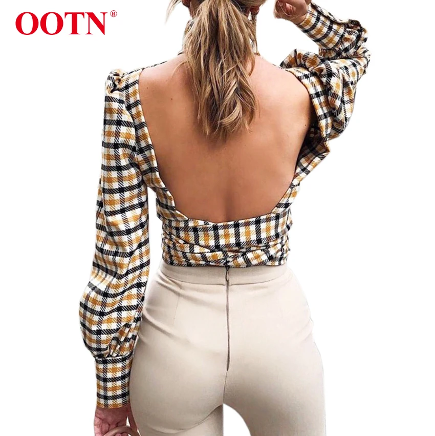 Женская клетчатая блузка с открытой спиной OOTN Элегантная водолазка длинным