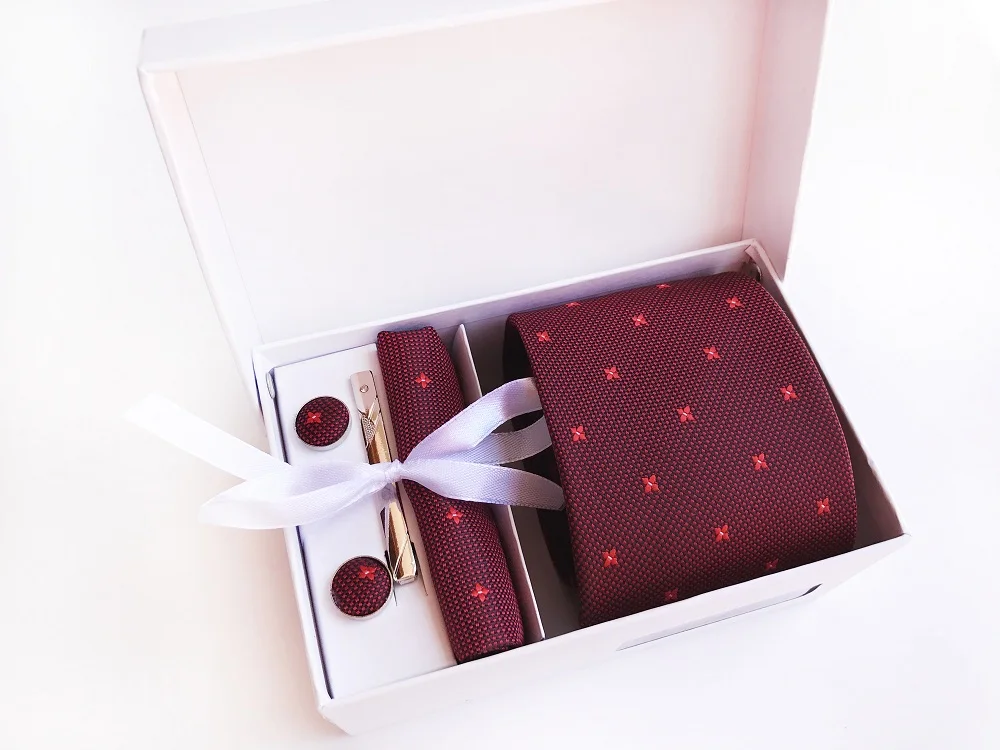 Подарочная коробка на заказ Персонализированные мужские галстуки Hankie запонки наборы Галстуки 8 см в горошек Полосатый галстук для мужчин Свадебная вечеринка