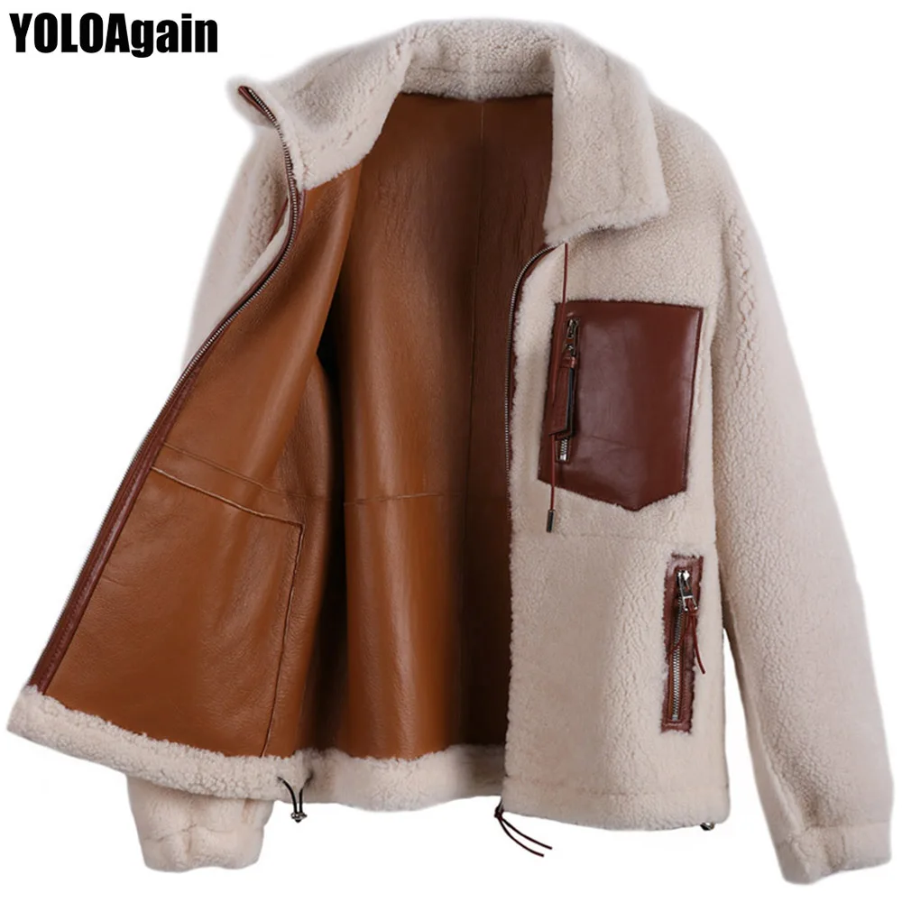 

YOLOAgain high quality women shearling jacket ladies lamb fur genuine leather jacket