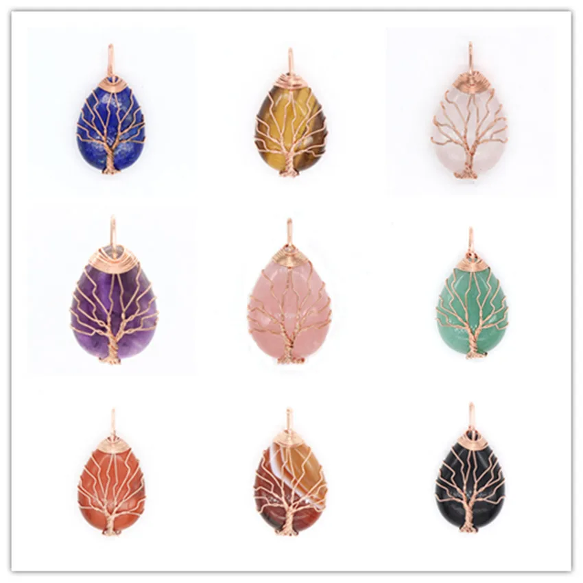 

Trendy-beads Rose Gold Color Wire Wrap Many Color Quartz Stone Water Drop Pendant Tree of Life Jewelry