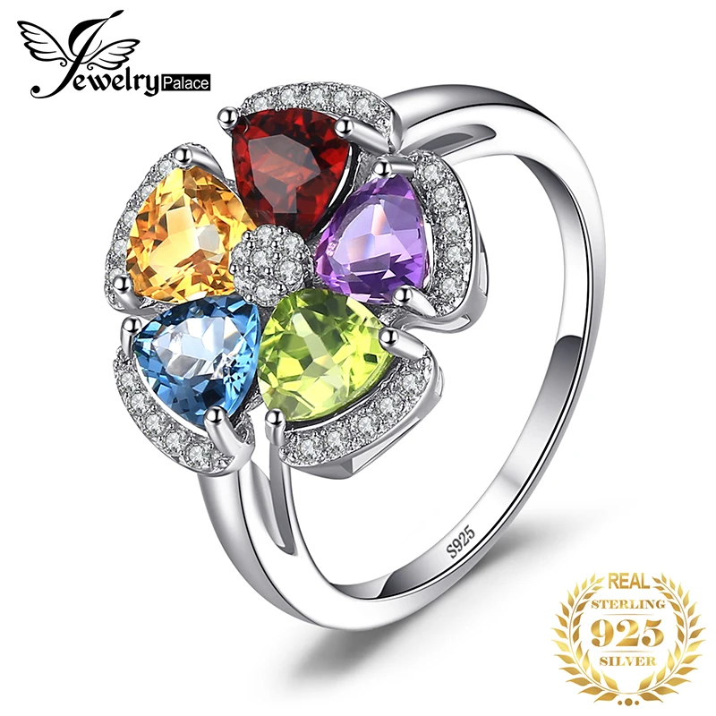 

JPalac Flower Natural Amethyst Citrine Garnet Peridot Topaz Ring 925 Sterling Silver Rings for Women Silver 925 Gemstone Jewelry