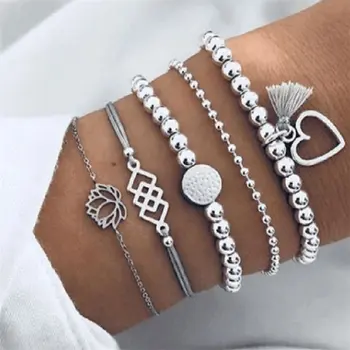 

NEWBUY 5Pcs/Set Vintage Silver Color Bohemia Jewelry Fashion Lotus Heart Beads Charm Bracelets For Women Girl Birthday Gift