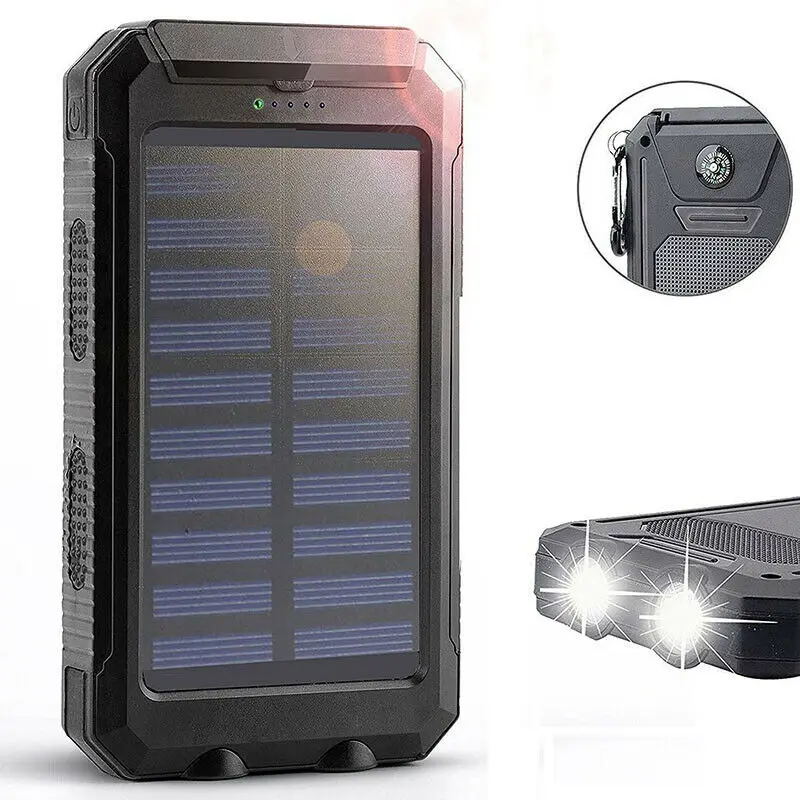 Солнечный портативный водонепроницаемый портативный внешний аккумулятор 30000 мА/ч для всех смартфонов, аккумулятор для быстрой зарядки, внешний аккумулятор LED - Цвет: Черный