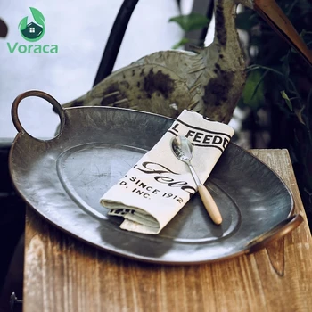 

Oval Antique Retro Iron Plate with Handles Metal Vintage Tea Coffee Milk Tray Breakfast Bread Cake Fruit Plates Home Table Decor