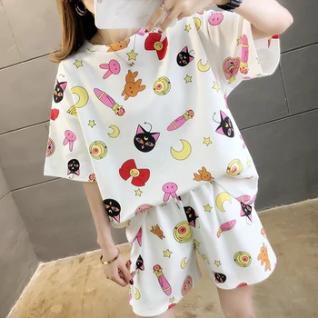 

2020 Cotton Round Neck Cartoon Mouse Pajamas Set Summer Short Sleeve Sleepwear Lovely Mick Leisure Clothes Nightwear