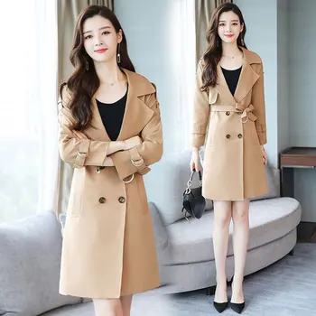 

Large Size Double Breasted Spring Autum Long Trench Coat Slim Solid Fashion Women Turn-down Collar Casacos Compridos Femininos