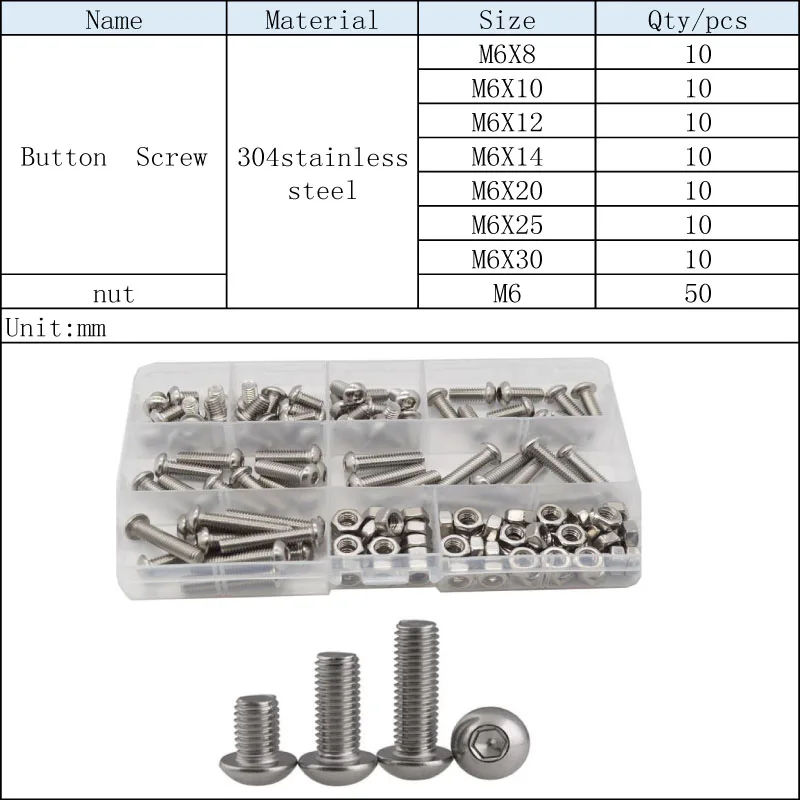 304 нержавеющая сталь боты машина ассортимент винтов комплект M6
