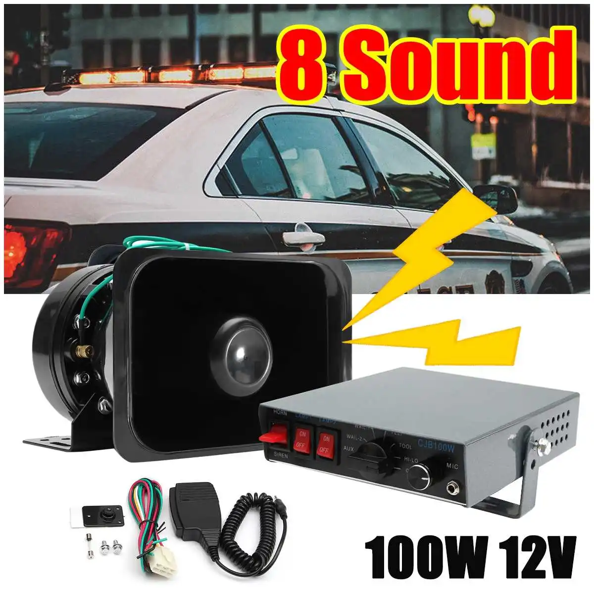 8 Sound Tones 12V 100W 130dB Loud Car Warning Alarm for Fire Siren Horn