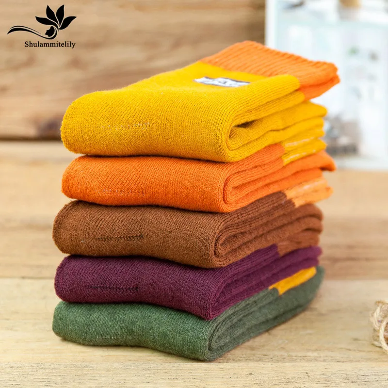 5 пар, новинка, зимние толстые теплые шерстяные махровые женские носки, винтажные рождественские Изящные носки, цветные носки, подарок, зимние милые носки