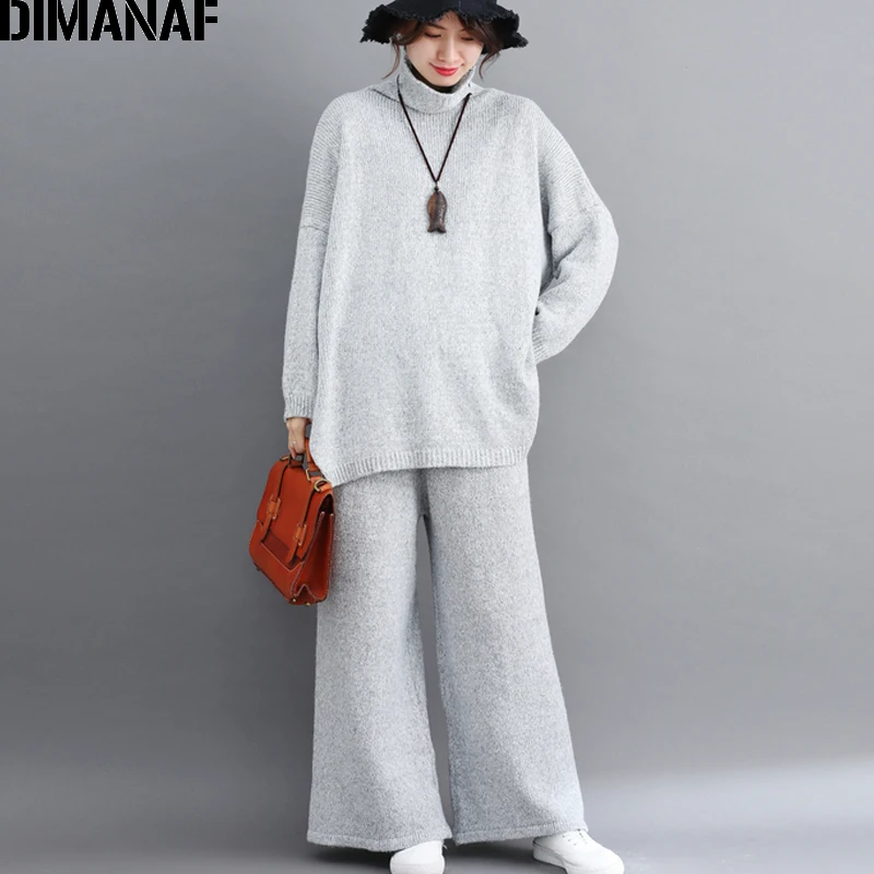 Tanie DIMANAF Plus rozmiar zestawy dla kobiet zima Vintage kombinezon dzianinowy duży rozmiar topy damskie luźne długie spodnie sweter z golfem ubrania damskie