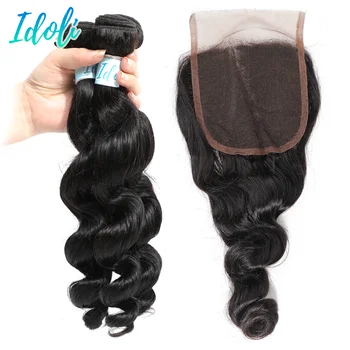 

Idoli Hair Store Peruvian Loose Wave Bundles With Closure 100% Remy Hair 3 Bundles With 4x4 Lace Closure Middle/Free/Three Part