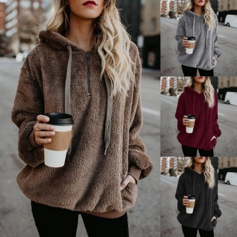 

Winter Warm Casual Double Fuzzy 1/4 Zip Sweatshirt Faux Fleece Pocket Long Sleeve Oversize Sherpa Pullover Hoodies Coat Outwear