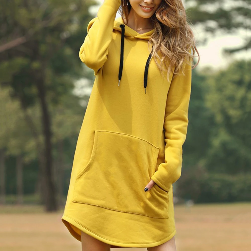 Платья с капюшоном женские осенние повседневные однотонные свободные пуловеры с длинным рукавом с капюшоном и карманом платье толстовка одежда Vestidos размера плюс - Цвет: Цвет: желтый