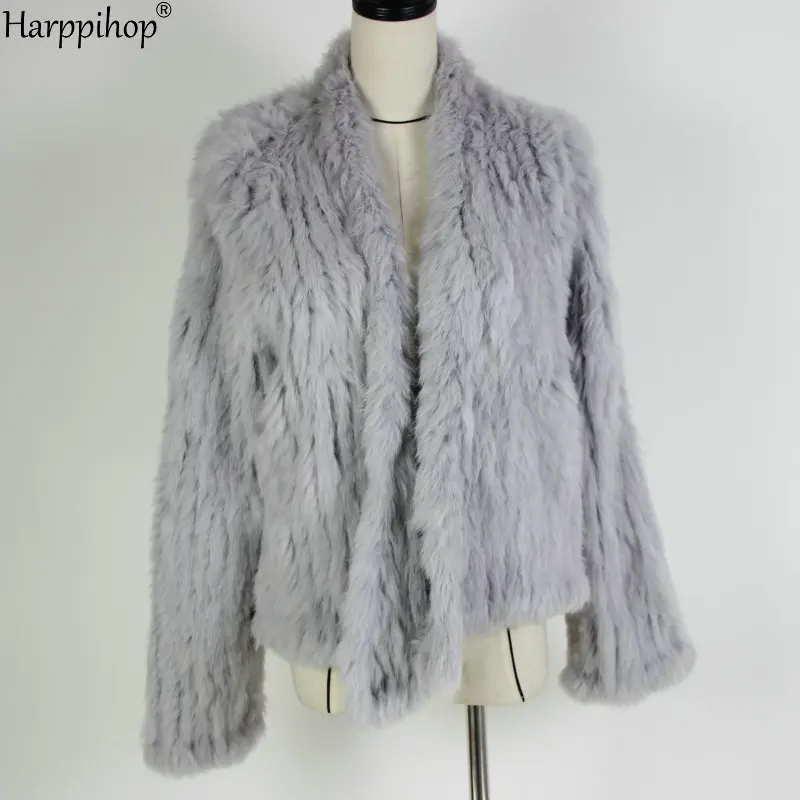 Новое вязаное пальто с кроличьим мехом, тонкая куртка с кроличьим мехом, настоящая ручная вязка, шуба из натурального кроличьего меха, куртка/стриженый мех
