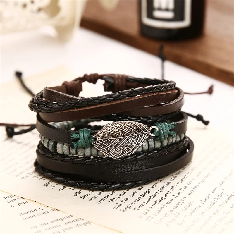 Vintage Multiple Layers Leather Bracelet Set bracelet jewelry For Men Women Charm Leaf Feather Stone Wood Beads Wrap Bracelets Pulseras
