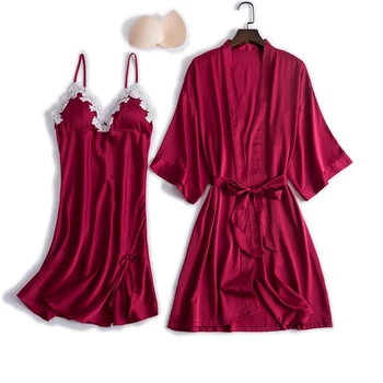 

V-Neck Womens Sleepwear 2pcs Pajamas Set Burgundy Sexy Nightdress Home Clothing Nightwear Lace Robe Gown Sleep Suit Nightgown