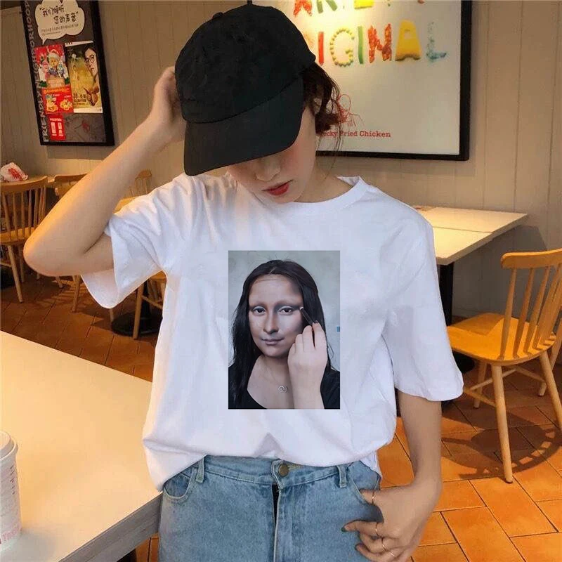 Women's T-shirt Mona Lisa changed  Print T-shirt Clothes White TShirt Harajuku Graphic T-shirt Fashion Landscape T-shirt Female