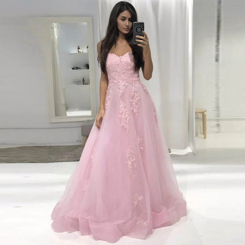 Prom Long Elegant Dresses Sweetheart Sleeveless A-line Tulle Teal Prom Dresses Pink Applique Sexy Vestido Formatura