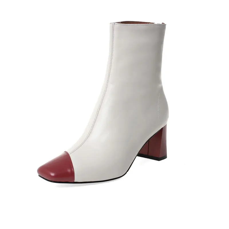 

Cow Genuine Leather Women Ankle Boots Black White Mixed Color Zipper Boots High Heel Casual Ladies Shoes for Autumn