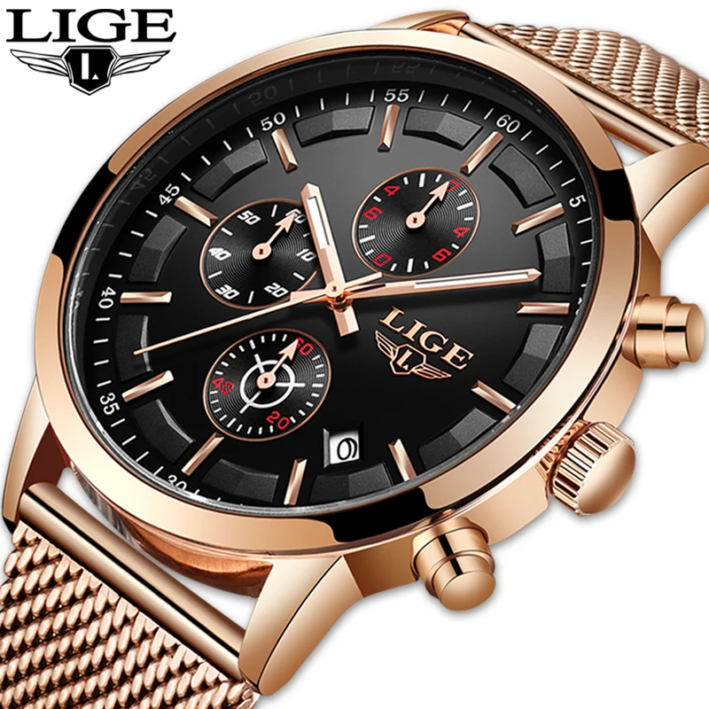 

LIGE New Watch Casual Mesh Belt Fashion Quartz Gold Watch Mens Watches Top Brand Luxury Sport Waterproof Clock Relogio Masculino