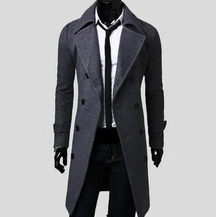Длинный тонкий мужской шерстяной плащ двубортная ветровка с лацканами Мужская мода осень зима пальто длинный дизайн Тренч мужской SA-8 - Цвет: Black