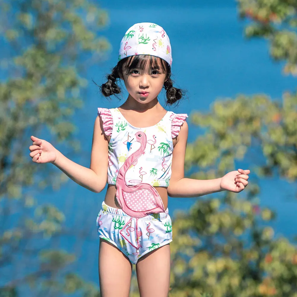 Цельный купальный костюм для девочек с оборками и радужной волной, пляжный купальный костюм с рисунком фламинго