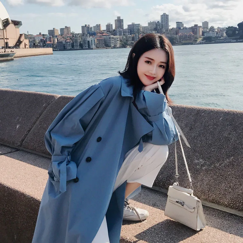 

2019 Autumn WOMEN'S Coat Korean-style Long Suit Collar Double Breasted Solid Color Loose-Fit Slimming Casual Trench Coat