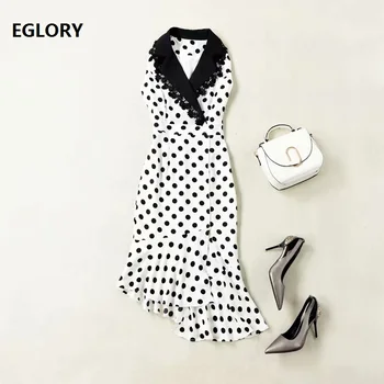 

High Quality New Celebrity Inspired Party Women's Dress Notched Collar Polka Dot Print Lace Patchwork Midi Asymmetrical Dress