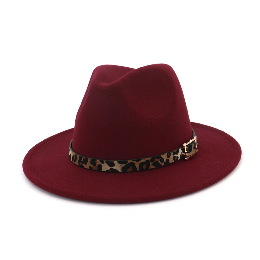 Осенняя и зимняя леопардовая шляпа с полями, дорожная шляпа-федора, джазовая шляпа, Панамы для женщин и девушек 26 - Цвет: wine red