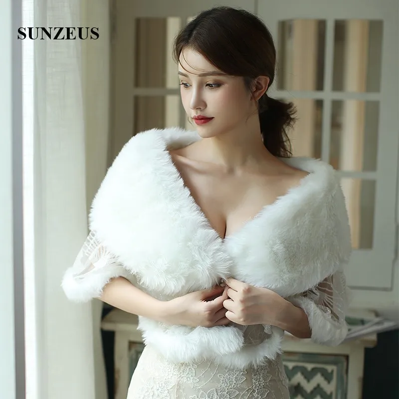 New Faux Fur Wrap Warm Shawl Winter Wedding Cover Up Top Stole Bridal Accessories Fashion Women Fur Shrug Bolero Lace Cape AX027