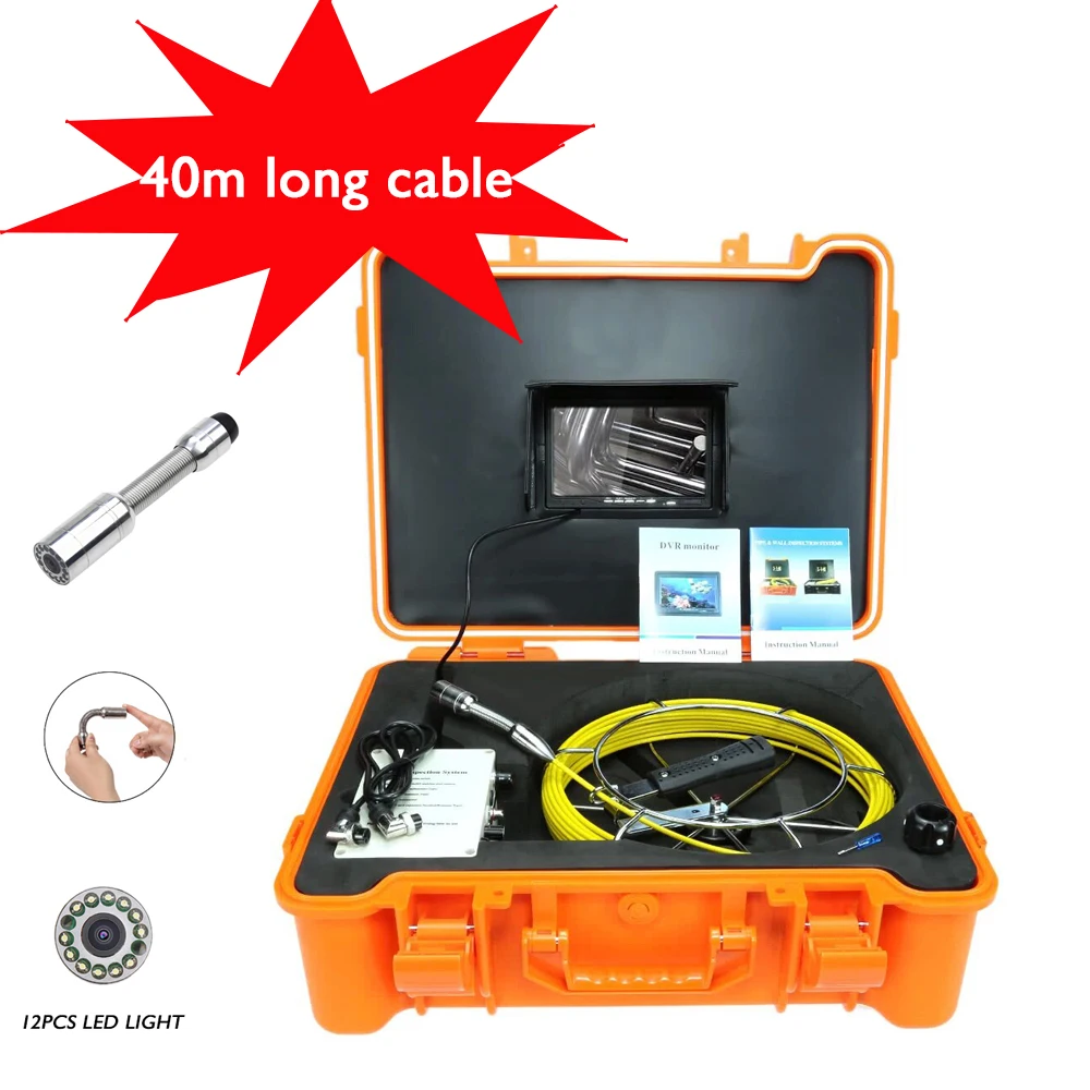 

20m/40m Cable 7" Screen Pipe Inspection Video Camera 23MM Drain Sewer Pipeline Industrial Endoscope With DVR 12pcs Leds