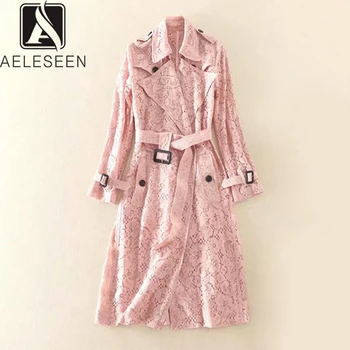 

AELESEEN 2020 New Fashion Luxury Floral Lace Windbreaker Women English Style Runway Design Sashes Hollow Out X-Long Coat