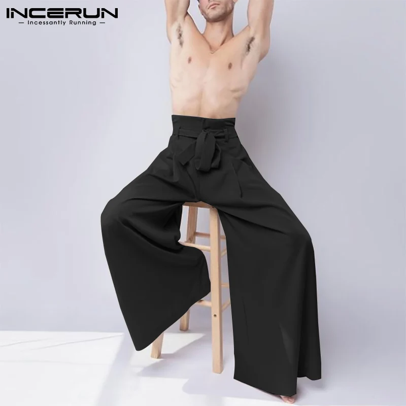 Wide Leg Pants Wide Leg Sweatpants INCERUN Men Pants Joggers Lace Up Solid Color Streetwear Wide Leg Trousers Loose High Waist Casual Pantalon Hombre S-5XL