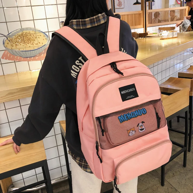 

Casual Mesh Women Backpacks Large Capacity Girls Students Schoolbags Harajuku Ladies Backpack Character Embroidery Back Pack New