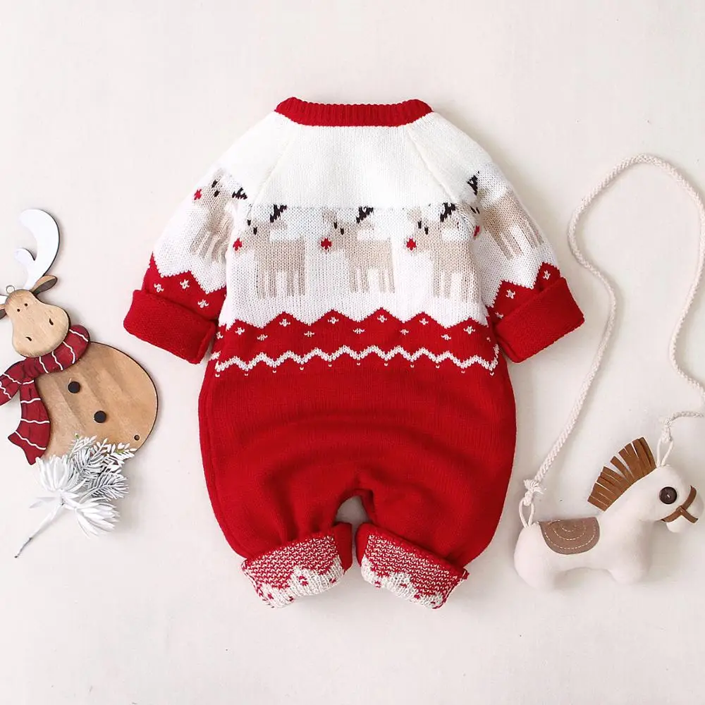 Baby Rompers Christmas Reindeer Knitted Newborn Infant Boys Girls Jumpsuits Long Sleeve Autumn Winter Children Overalls 0-24M