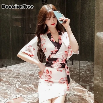 

2020 japanese kimono mujer yukata japan kimono dress with belt satin silk pajamas printed woman japanese sexy nightclub dress