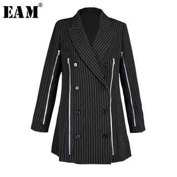 

[EAM] Loose Fit Black Zipper Split Joint Temperament Jacket New Lapel Long Sleeve Women Coat Fashion Tide Spring 2020 JX7310