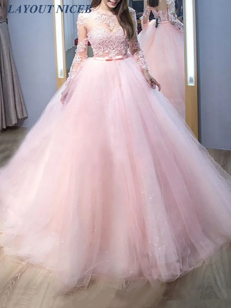 Платье с длинным рукавом Розовые платья Quinceanera бальное платье vestidos de 15 anos; сезон лето кружевное вечернее платье Аппликация Сладкий 16 платья