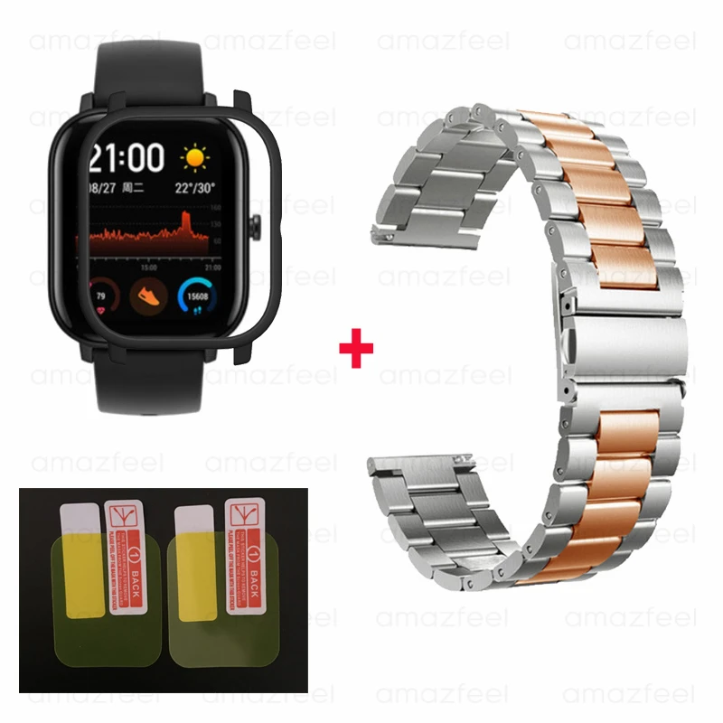 silver rose-black 4в1/упаковка умные часы аксессуары для Amazfit GTS ремешок браслет для Huami Amazfit gts чехол Защитная пленка для экрана ремешок на запястье - Цвет: silver rose-black