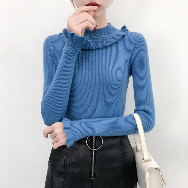 Kintted Women Sweater Solid Color Long Sleeve Jumpers Korean Slim Fashion Autumn Spring Base Pullover Black White Apricot Blue Kintted Women Sweater Solid Color Long Sleeve Jumpers Korean Slim Fashion Autumn Spring Base Pullover Black White Apricot Blue