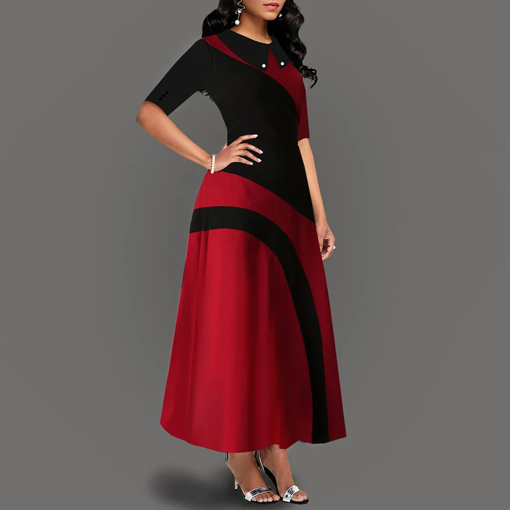 Koop Een Lijn Kleur Blok Kantoor Jurk Elegante Vrouwen Peter Pan Kraag Half Mouw Afrikaanse Dames Werkkleding Lange Maxi Jurk vrouwelijke Herfst