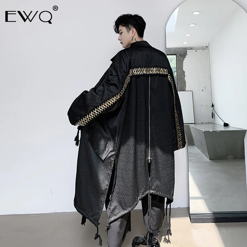 

EWQ / 2020 New Fashion spring Man's Jackets Golden Ribbon Zipper Irregular Windbreaker Male Loose Casual Tide Drawstring 9A463