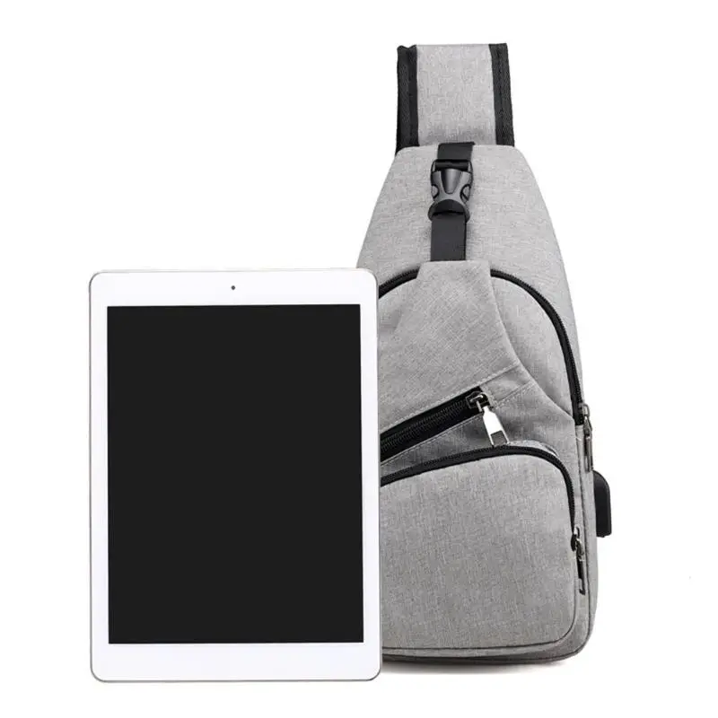 Casual Sports Men Chest Pack Canvas USB Charging Crossbody Shoulder Handbag Chest Bag
