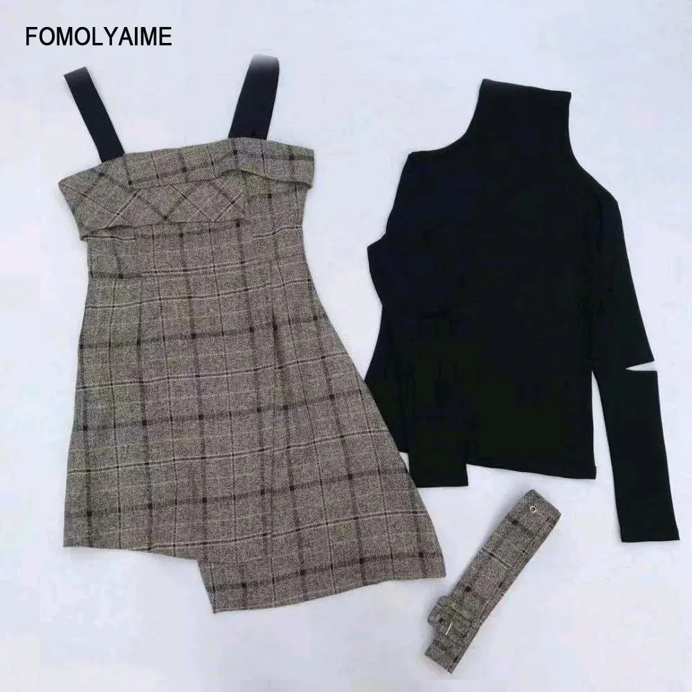 

2019 Autumn Winter Womens Sets Turtleneck Bare Arms Sweaters and Irregularly Constricted Waist Halter Dress Two-piece Suit Set